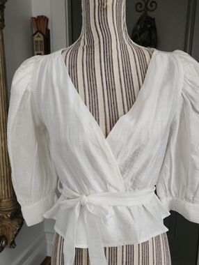 Women's White Wrap Peplum Blouse with Tie Waist